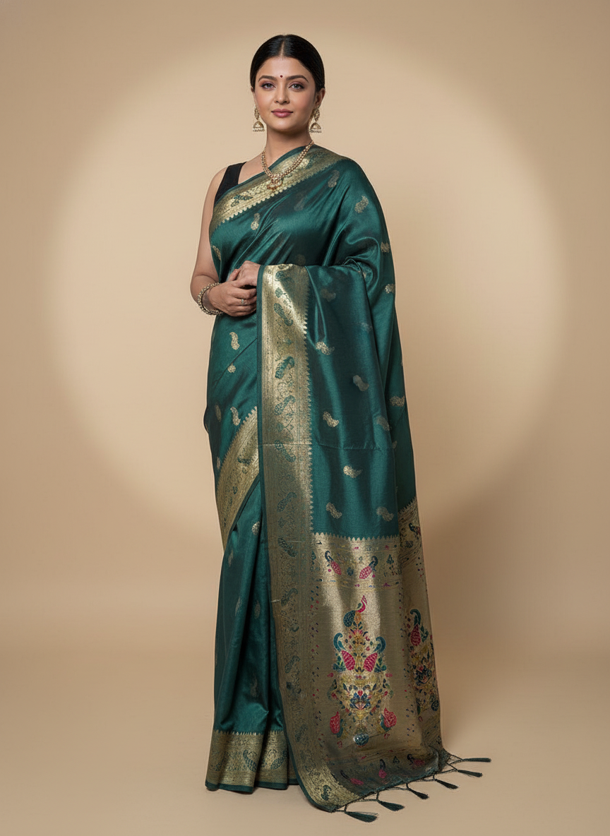 Dark Teal Saffron Paithani Silk Saree Multicolor Zari Pallu (VS-ZFY355) - 2