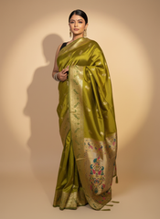 Olive Paithani Silk Saree With Multicolor Zari Pallu (VS-ZFY355) - 2