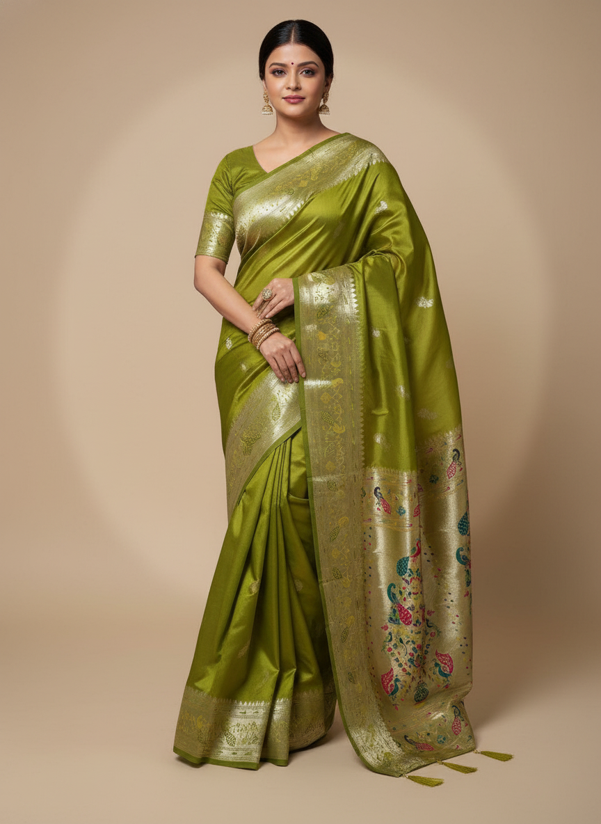 Olive Paithani Silk Saree With Multicolor Zari Pallu (VS-ZFY355) - 3