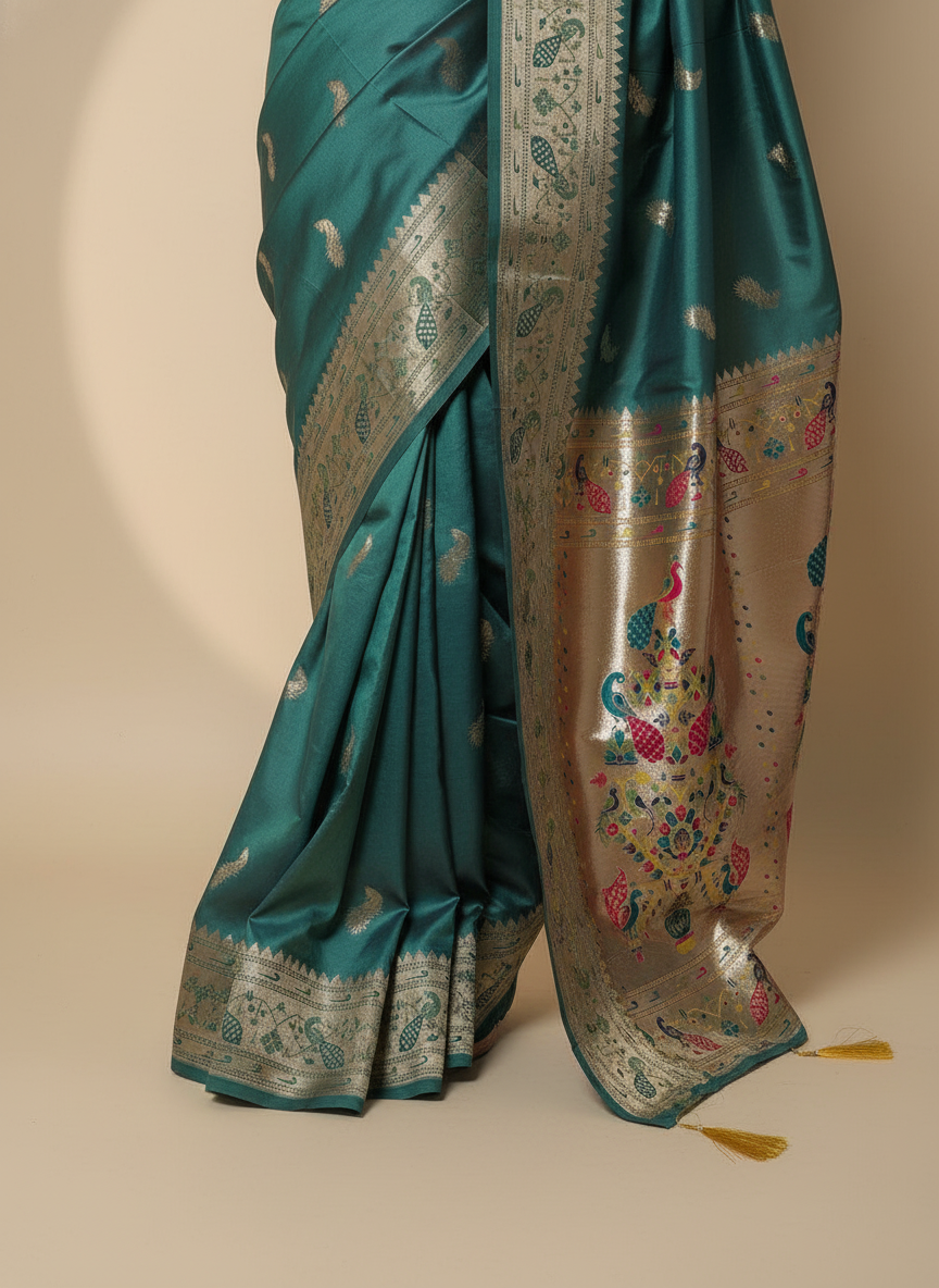 Dark Teal Saffron Paithani Silk Saree Multicolor Zari Pallu (VS-ZFY355) - 3