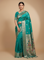 Teal Paithani Silk Saree With Multicolor Zari Pallu (VS-ZFY355) - 3