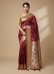 Marron Paithani Silk Saree With Multicolor Zari Pallu (VS-ZFY355) - 3