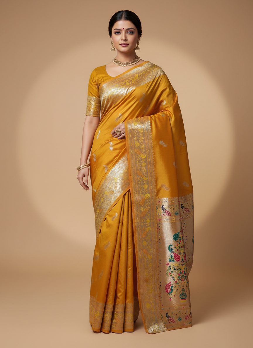 Mustard Yellow Paithani Silk Saree with Multicolor Zari Pallu (VS-ZFY355) - 3