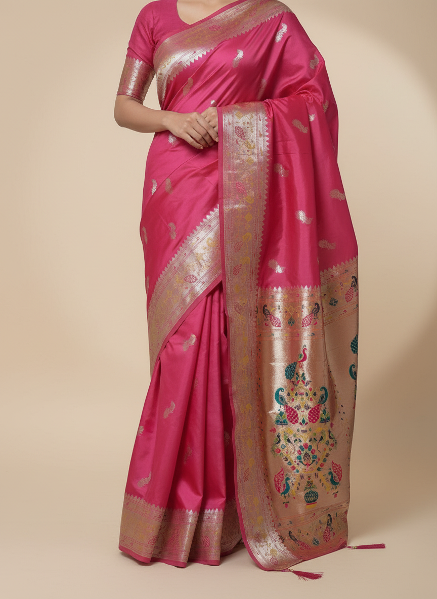 Rani Pink Paithani Silk Saree With Multicolor Zari Pallu (VS-ZFY355) - 3