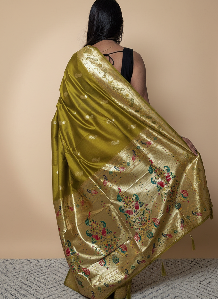 Olive Paithani Silk Saree With Multicolor Zari Pallu (VS-ZFY355) - 4