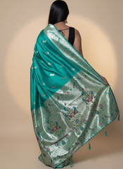 Teal Paithani Silk Saree With Multicolor Zari Pallu (VS-ZFY355) - 4