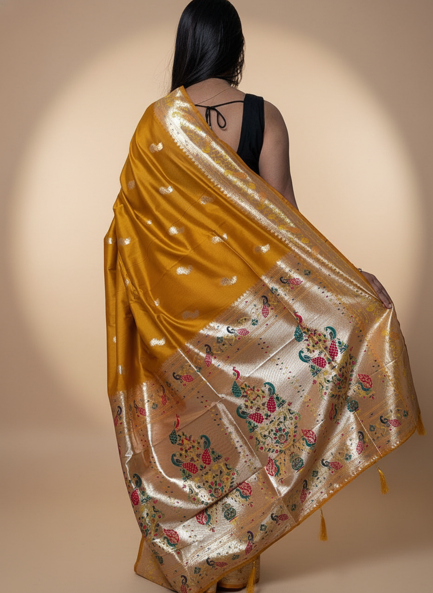 Mustard Yellow Paithani Silk Saree with Multicolor Zari Pallu (VS-ZFY355) - 4