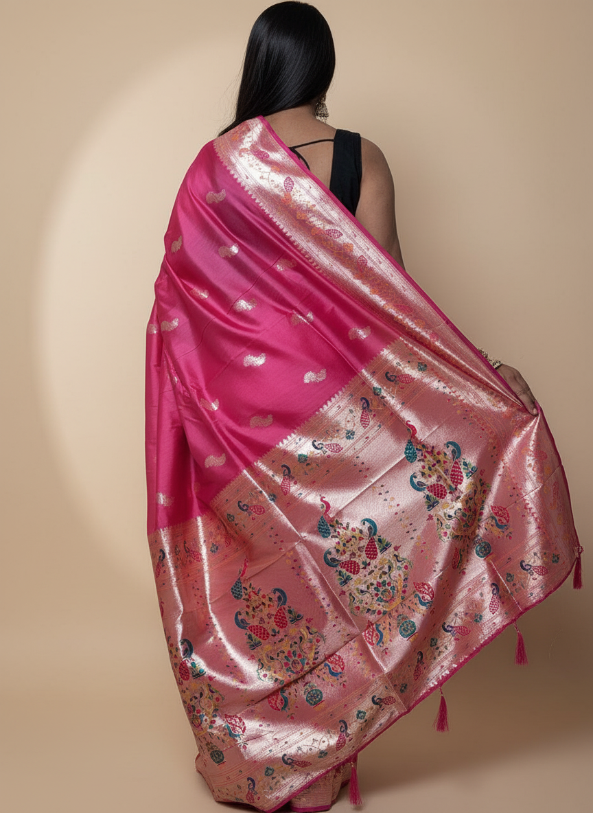Rani Pink Paithani Silk Saree With Multicolor Zari Pallu (VS-ZFY355) - 4