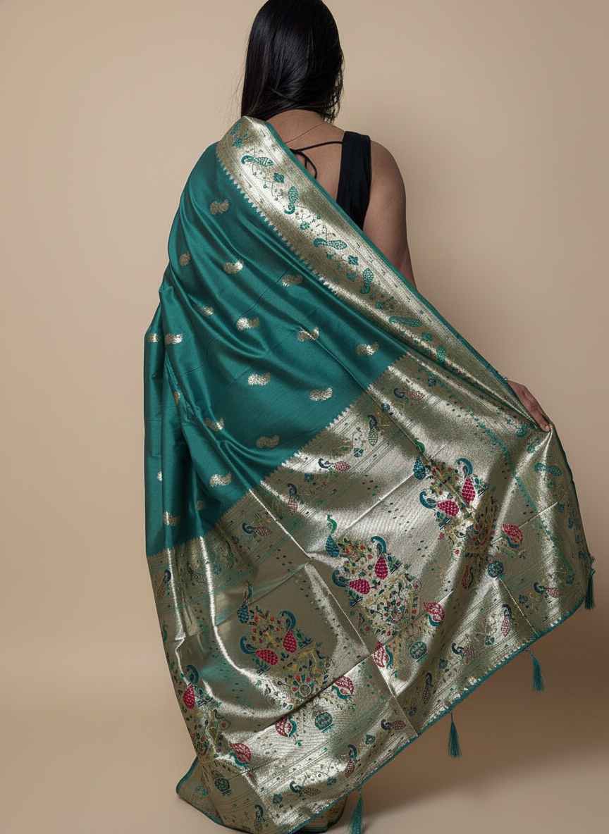Dark Teal Saffron Paithani Silk Saree Multicolor Zari Pallu (VS-ZFY355) - 4