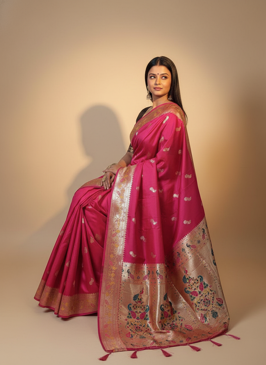 Rani Pink Paithani Silk Saree With Multicolor Zari Pallu (VS-ZFY355) - 7