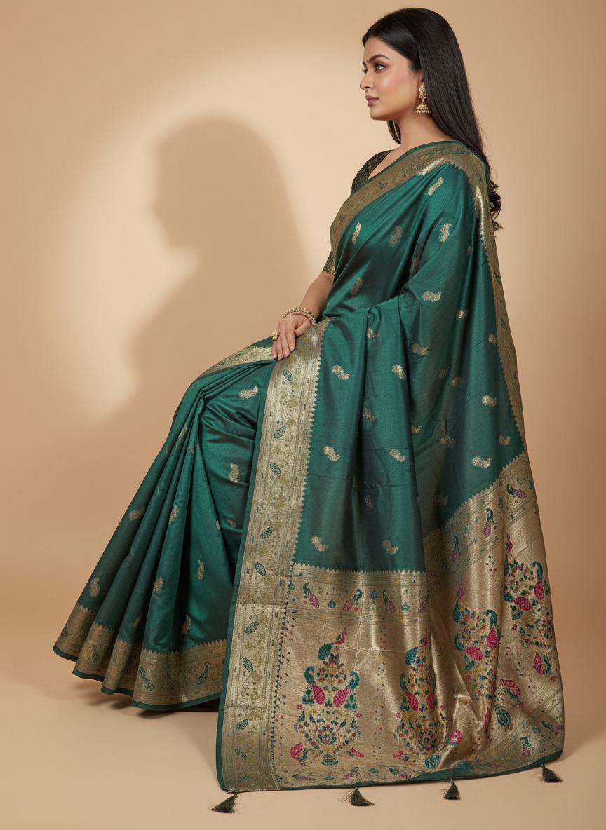 Dark Teal Saffron Paithani Silk Saree Multicolor Zari Pallu (VS-ZFY355) - 7