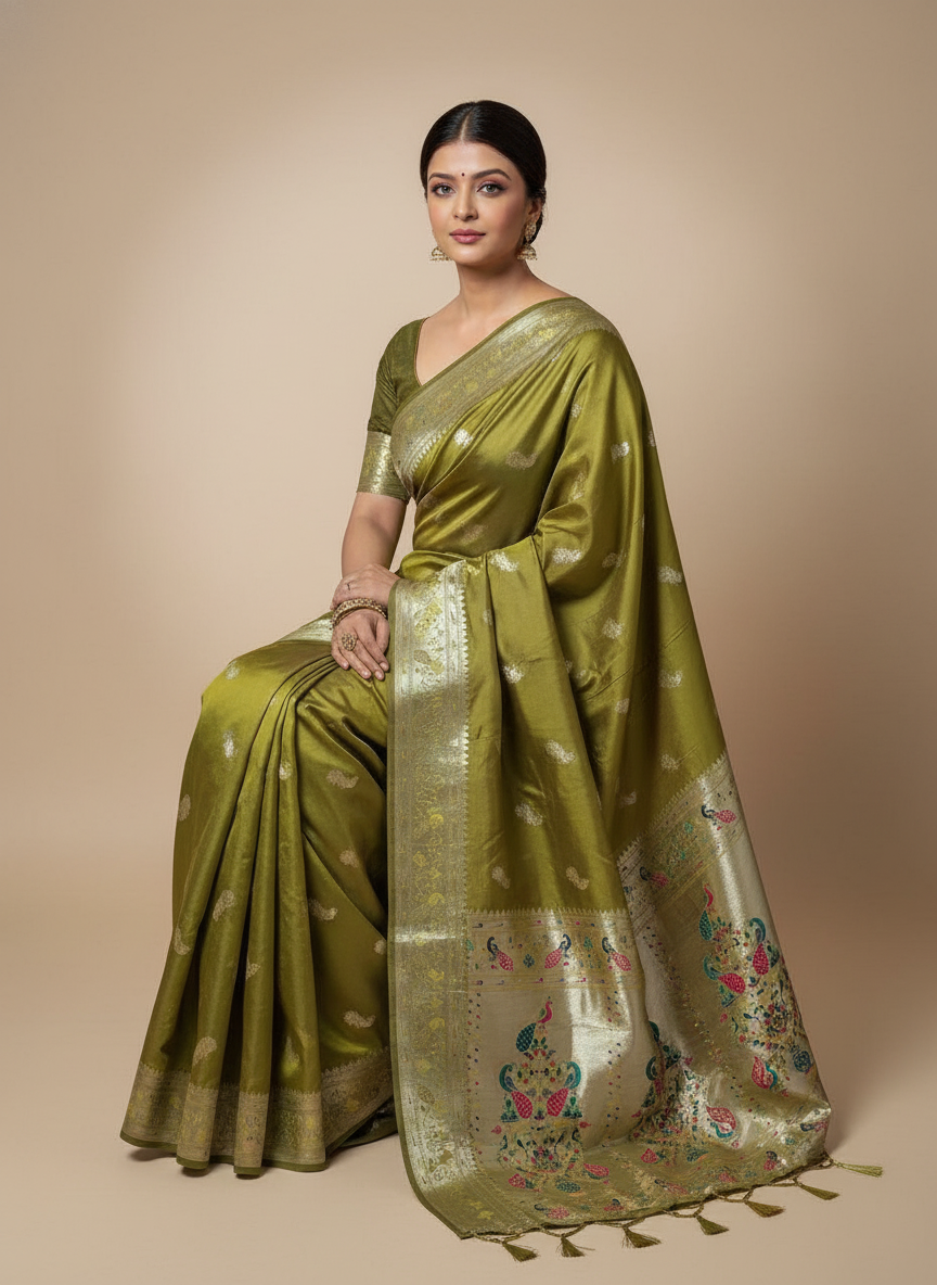 Olive Paithani Silk Saree With Multicolor Zari Pallu (VS-ZFY355) - 8