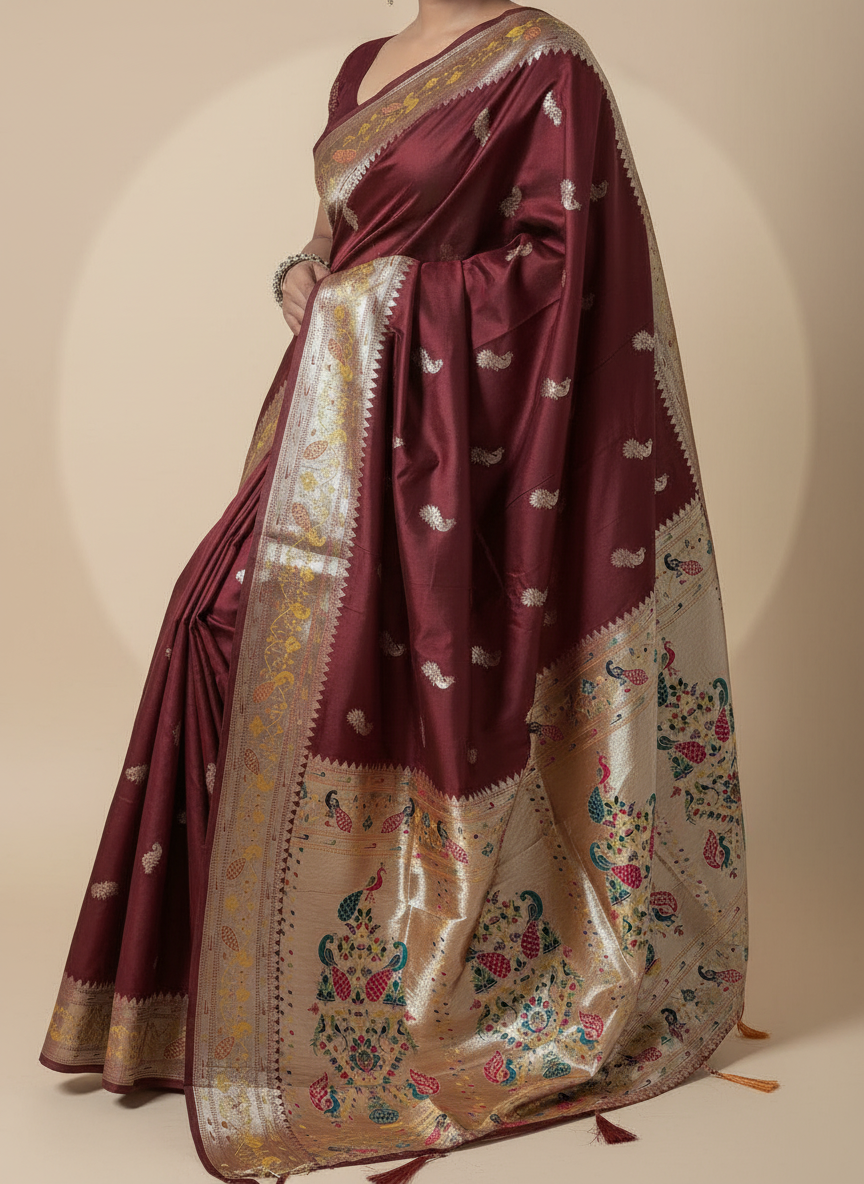 Marron Paithani Silk Saree With Multicolor Zari Pallu (VS-ZFY355) - 8