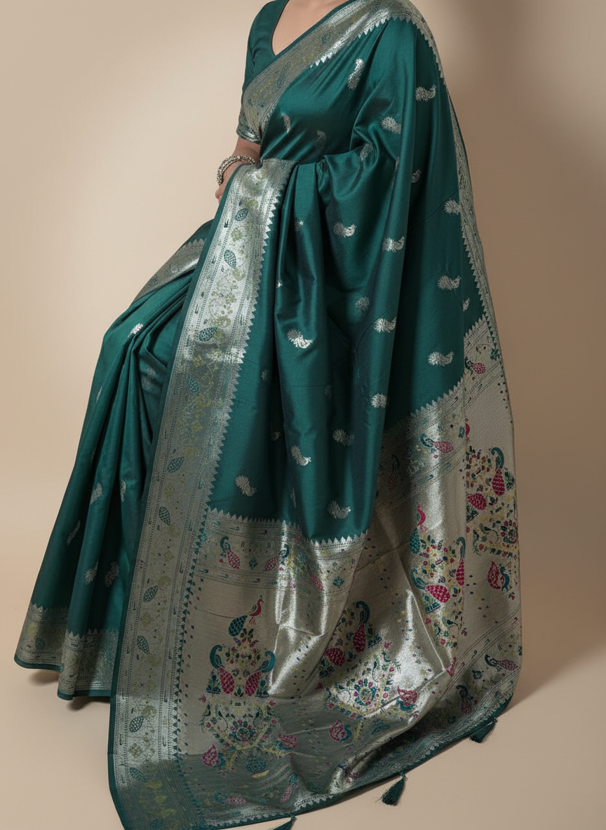 Dark Teal Saffron Paithani Silk Saree Multicolor Zari Pallu (VS-ZFY355) - 8