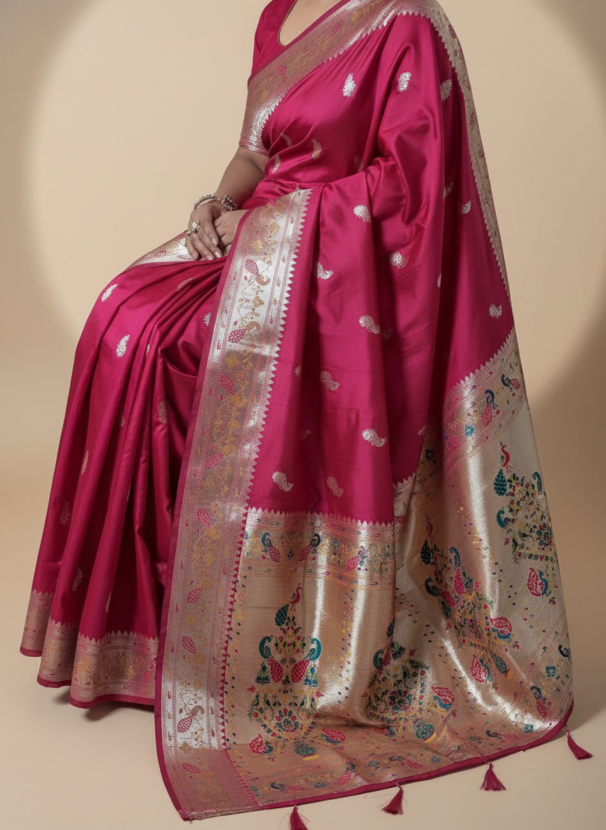 Rani Pink Paithani Silk Saree With Multicolor Zari Pallu (VS-ZFY355) - 8
