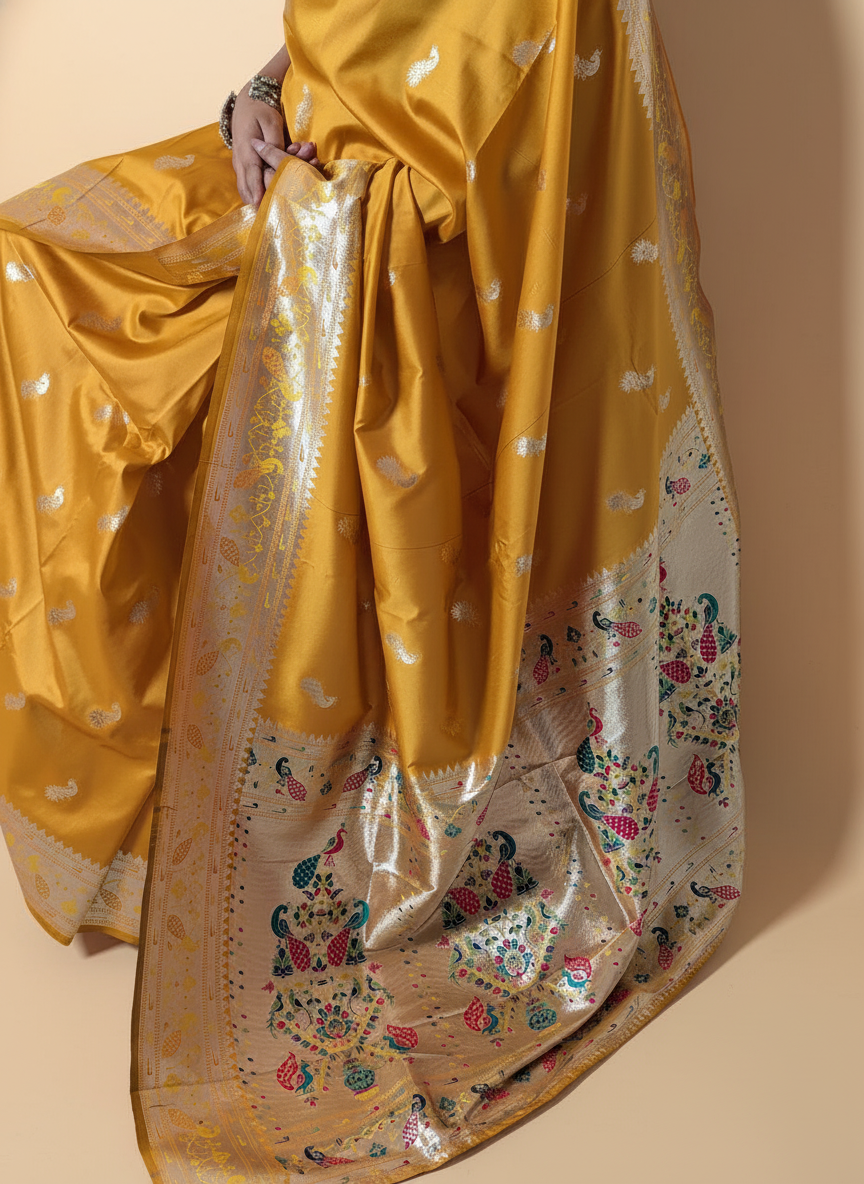 Mustard Yellow Paithani Silk Saree with Multicolor Zari Pallu (VS-ZFY355) - 8