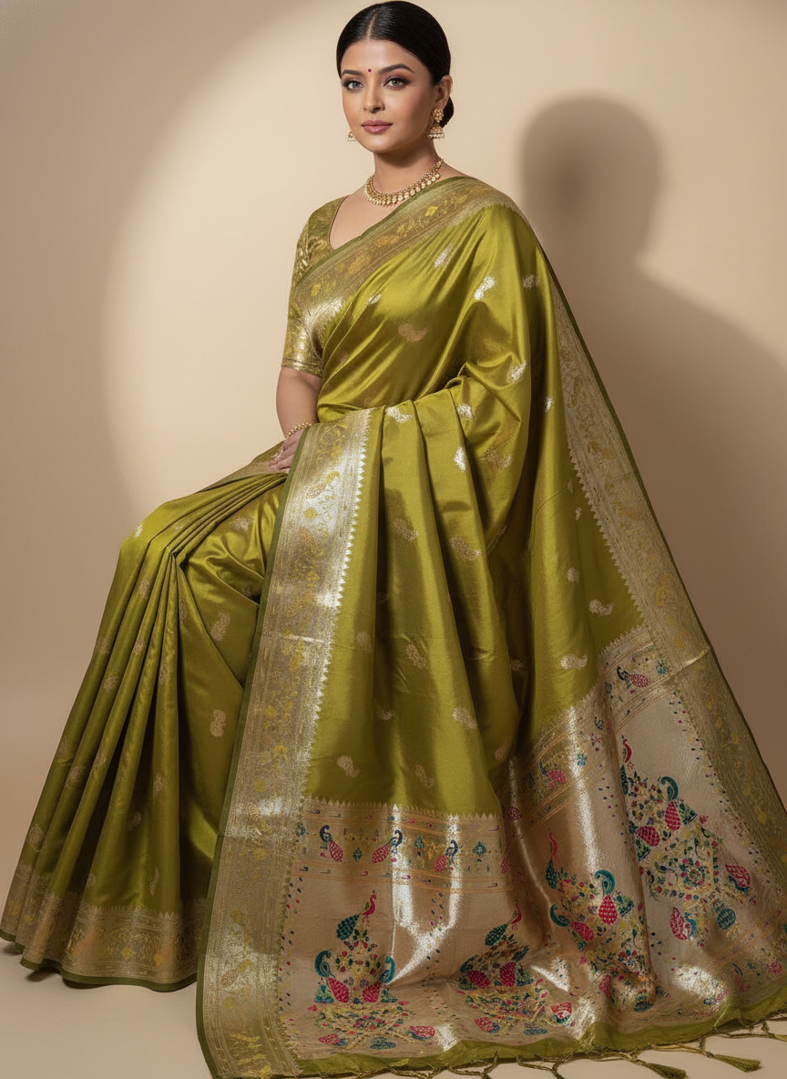 Olive Paithani Silk Saree With Multicolor Zari Pallu (VS-ZFY355) - 9