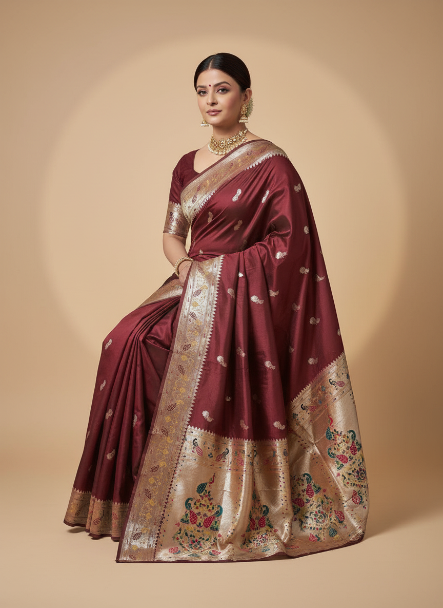 Marron Paithani Silk Saree With Multicolor Zari Pallu (VS-ZFY355) - 9