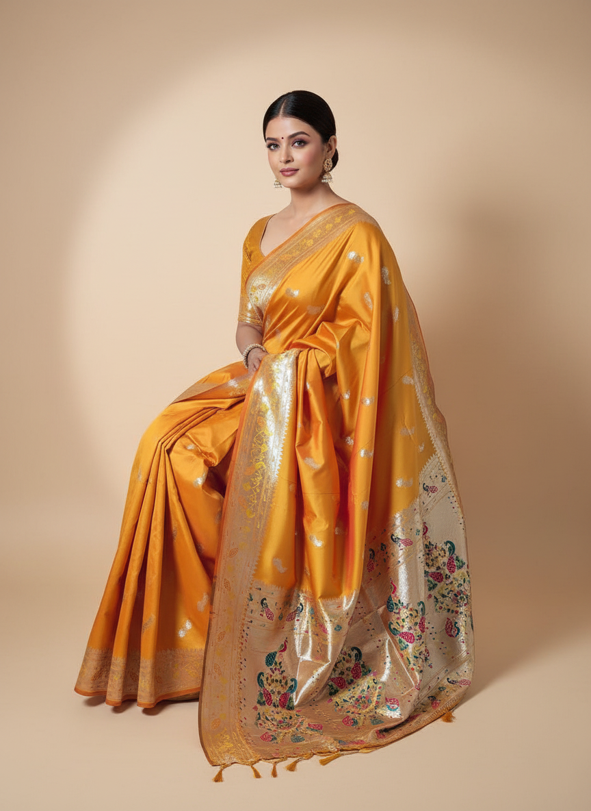 Mustard Yellow Paithani Silk Saree with Multicolor Zari Pallu (VS-ZFY355) - 9