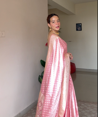 Coral Pink Banarasi Silk Saree, Gold Zari, Buti With Swarovski (VS-EFH257)