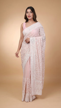 Lucknawi Chikankari Georgette Saree in dusty rose pink