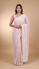Lucknawi Chikankari Georgette Saree in dusty rose pink