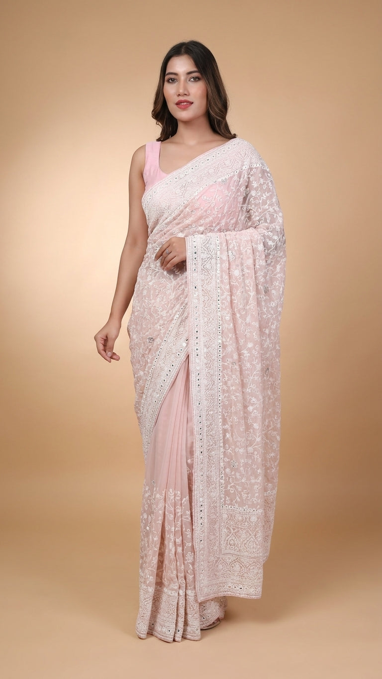Lucknawi Chikankari Georgette Saree in dusty rose pink