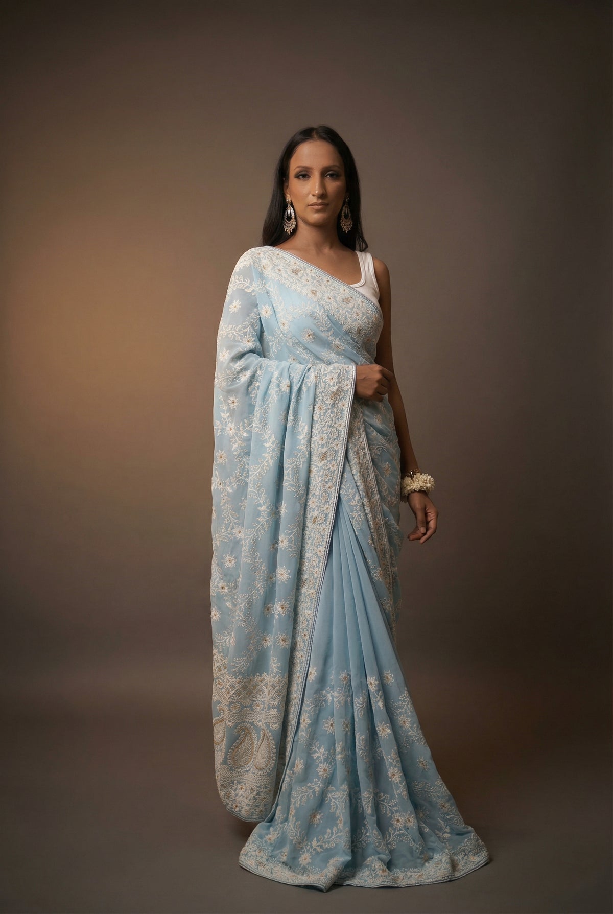 Lucknawi Chikankari Georgette Saree in Sky Blue