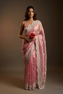 Lucknowi Chikankari Pink Tissue Silk Saree