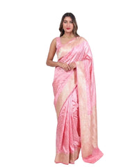 Coral Pink Banarasi Silk Saree, Gold Zari, Buti With Swarovski (VS-EFH257)