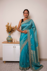 Pink-Copper Crush Tissue Silk Saree with Embroidered Border — blue - 1