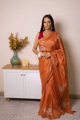 Elegant Satin Saree with Pita work — flame - 1