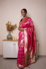 Fuchsia Paithani Silk Saree with Gold Zari & Floral Pallu — rich_pink - 1
