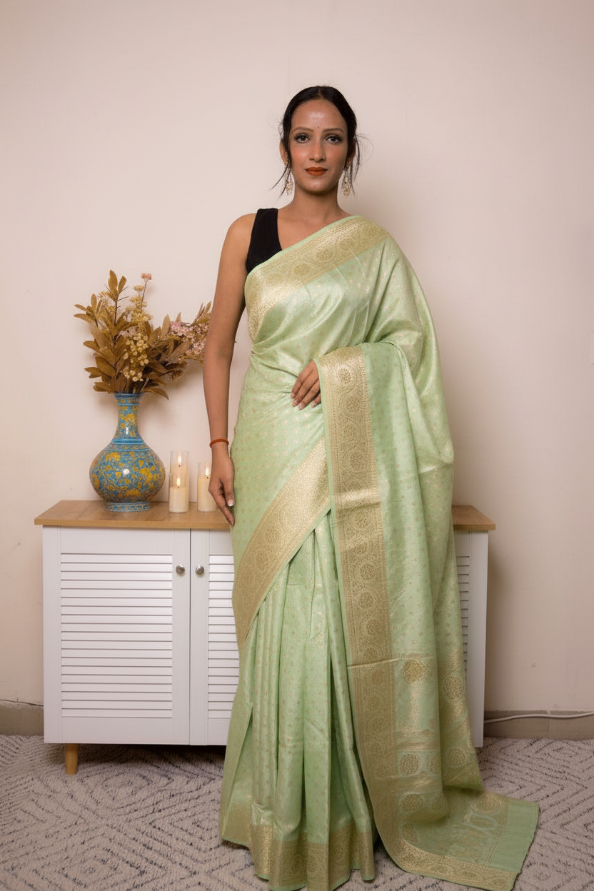 Peach Banarasi Silk Saree with Gold Zari Border, all over Buti with swarovski — pistachio_green - 1