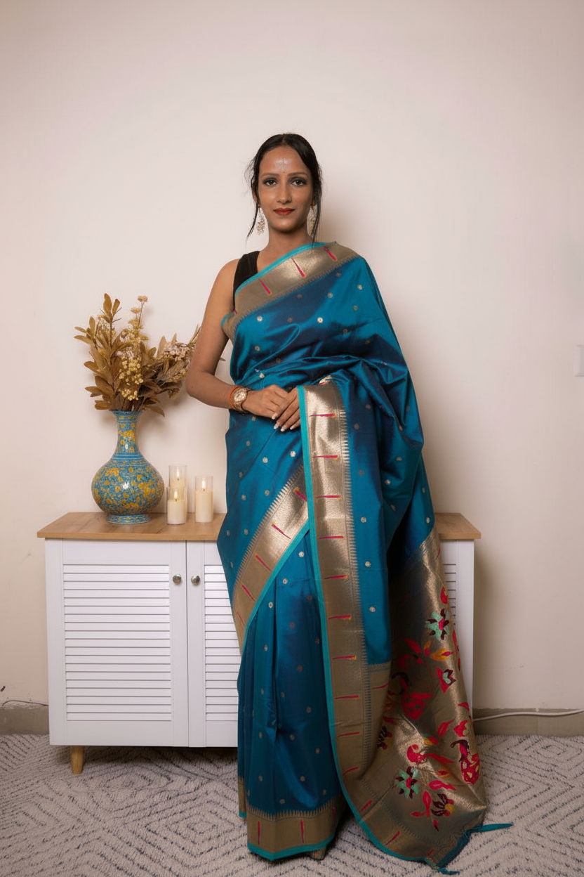 Sage Green Paithani Silk Saree with Gold Zari Pallu — aegean - 1