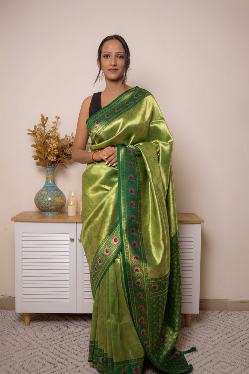 Gold-Purple Paithani Silk Saree with Maroon Border — Change-the-fabric-color-of-saree-to-light-green-and-all-red-color-of-fabric-to-bottle-green-Change-the-blue-of-motif-to-pink-Don-t-halucinate-motifs - 1