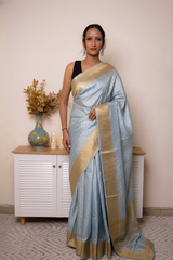 Peach Banarasi Silk Saree with Gold Zari Border, all over Buti with swarovski — powder_blue - 1
