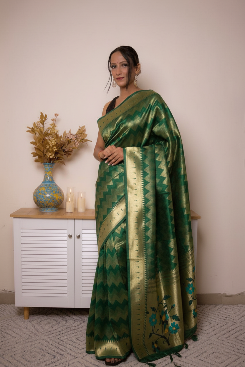Fuchsia Paithani Silk Saree with Gold Zari & Floral Pallu — green - 1