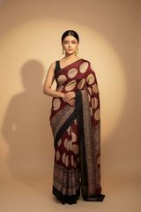 Maroon Ivory Ajrakh Polka Modal Saree With Printed Border (VS-KYA148) - 1