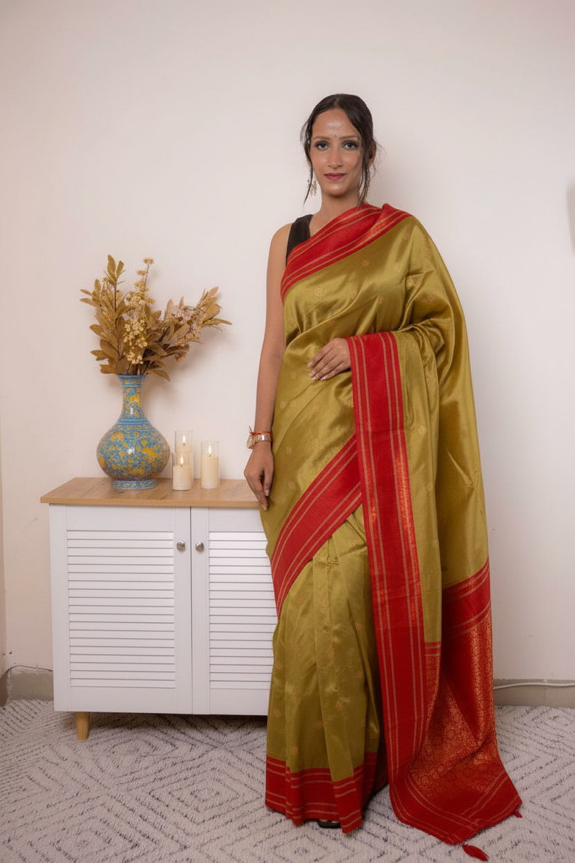 Rose-Lilac Paithani Silk Saree with Red Zari Border — green_pink - 1