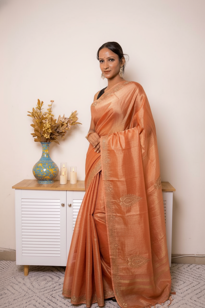 Deep Peach Crush Tissue Silk Saree Gold Paisley Border (VS-YKS775) - 1