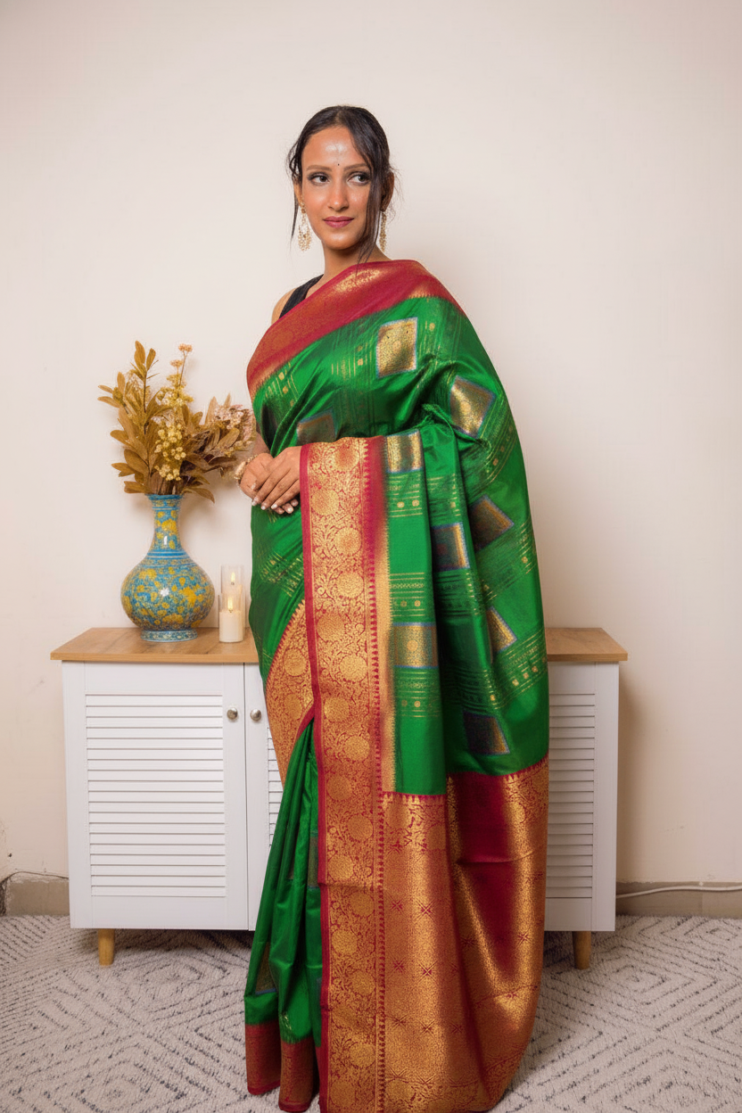Fuchsia Paithani Silk Saree with Gold Zari Border — kelly_gree_dark_red - 1