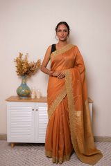 Pink-Copper Crush Tissue Silk Saree with Embroidered Border — burnt_orange - 1
