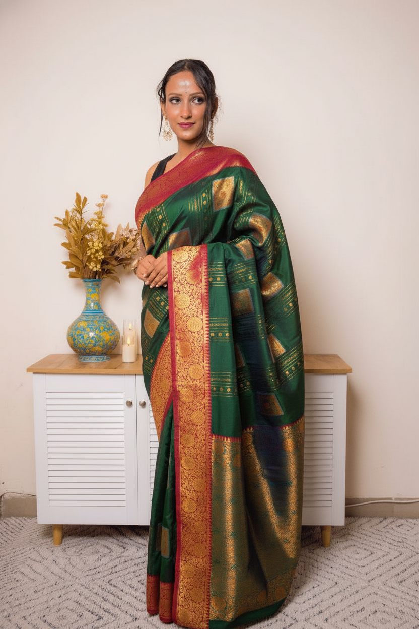 Fuchsia Paithani Silk Saree with Gold Zari Border — green_red - 1