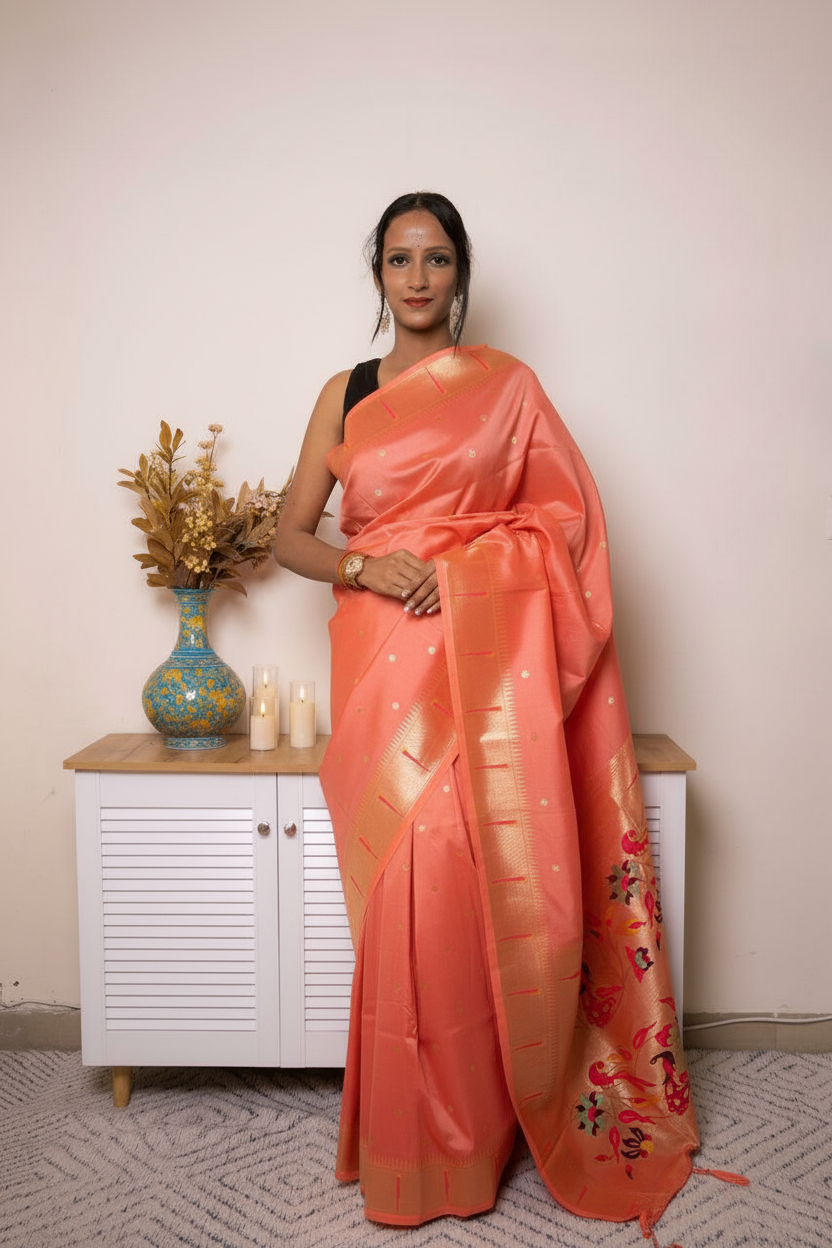 Sage Green Paithani Silk Saree with Gold Zari Pallu — aegean - 1