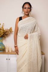 Lilac Lucknawi Chikankari Georgette Saree — ivory - 1