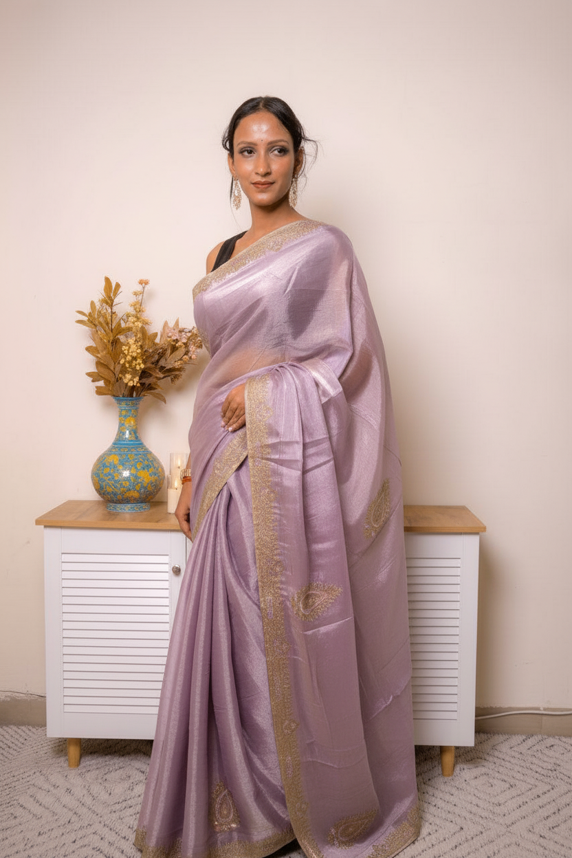 Lavender Muted Lilac Tissue Silk Saree With Gold Paisley Border (VS-YKS775) - 2