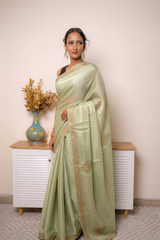 Orange Crush Tissue Silk Saree Green Gold Paisley Border (VS-YKS775) - 2