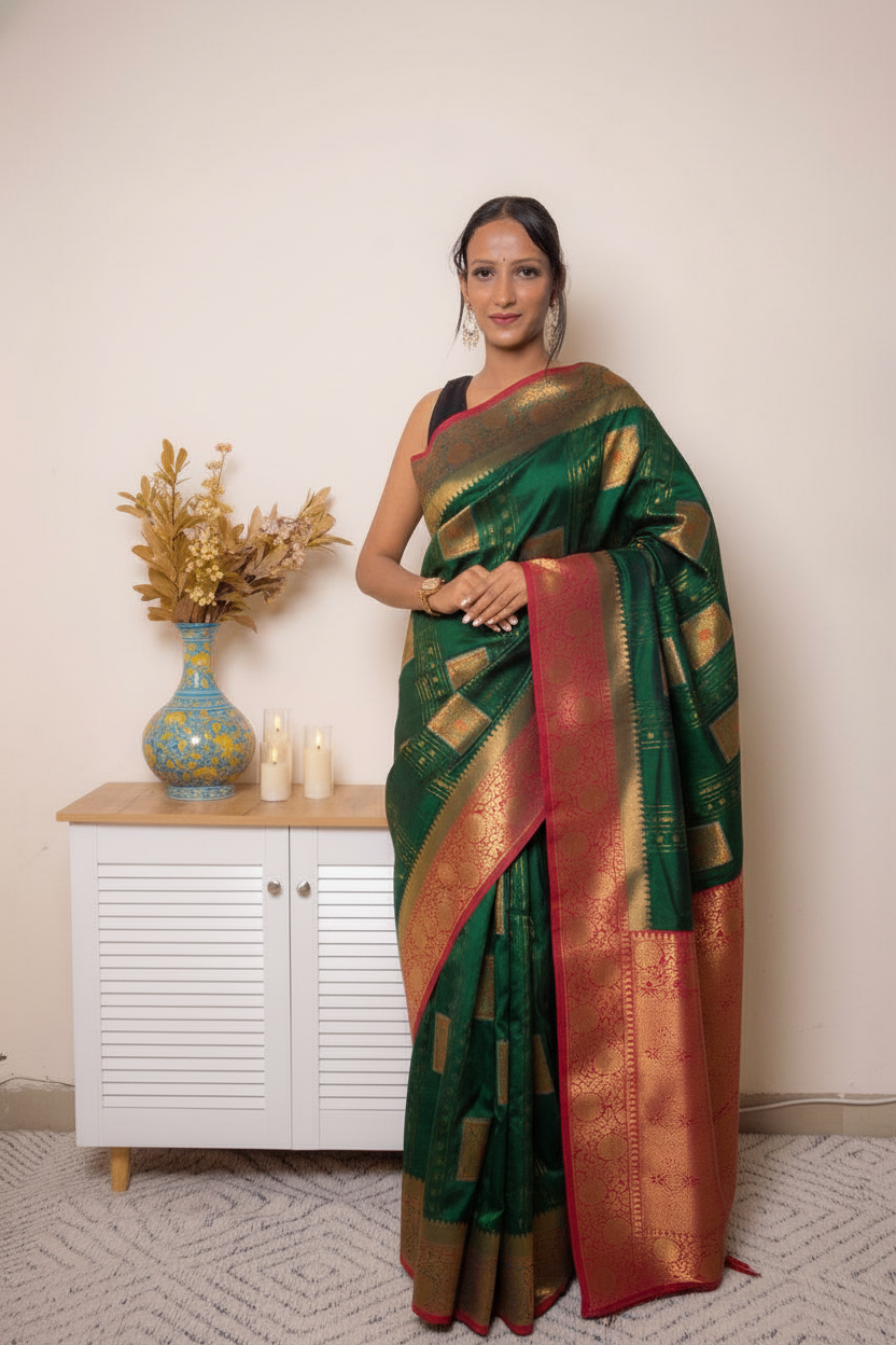 Fuchsia Paithani Silk Saree with Gold Zari Border — green_red - 2