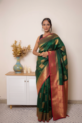 Fuchsia Paithani Silk Saree with Gold Zari Border — green_red - 2